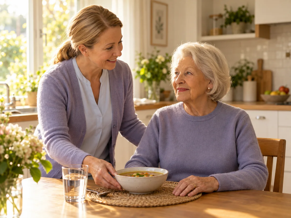Betreuungskraft unterstützt eine Seniorin bei einer Mahlzeit zu Hause. Symbolbild.