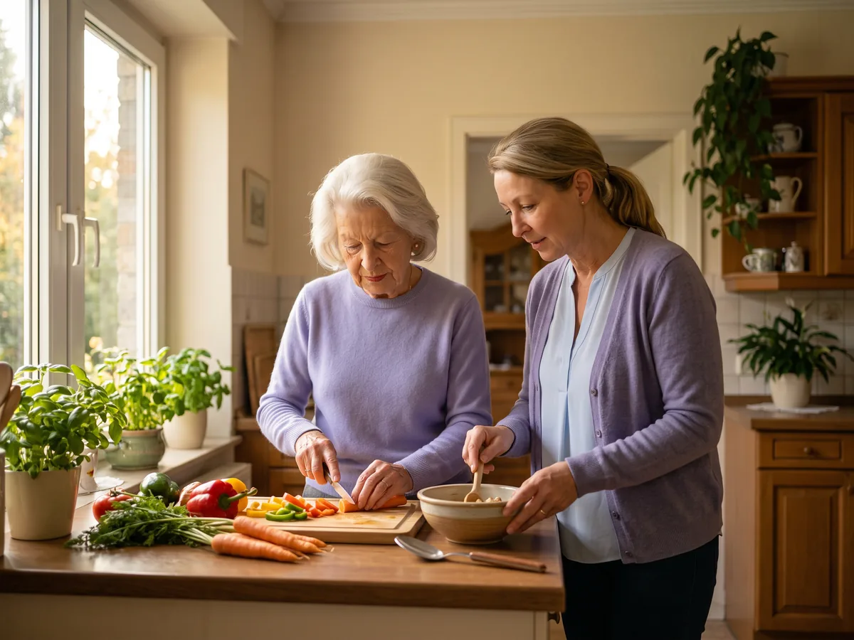 Seniorin und Betreuungskraft kochen gemeinsam zu Hause