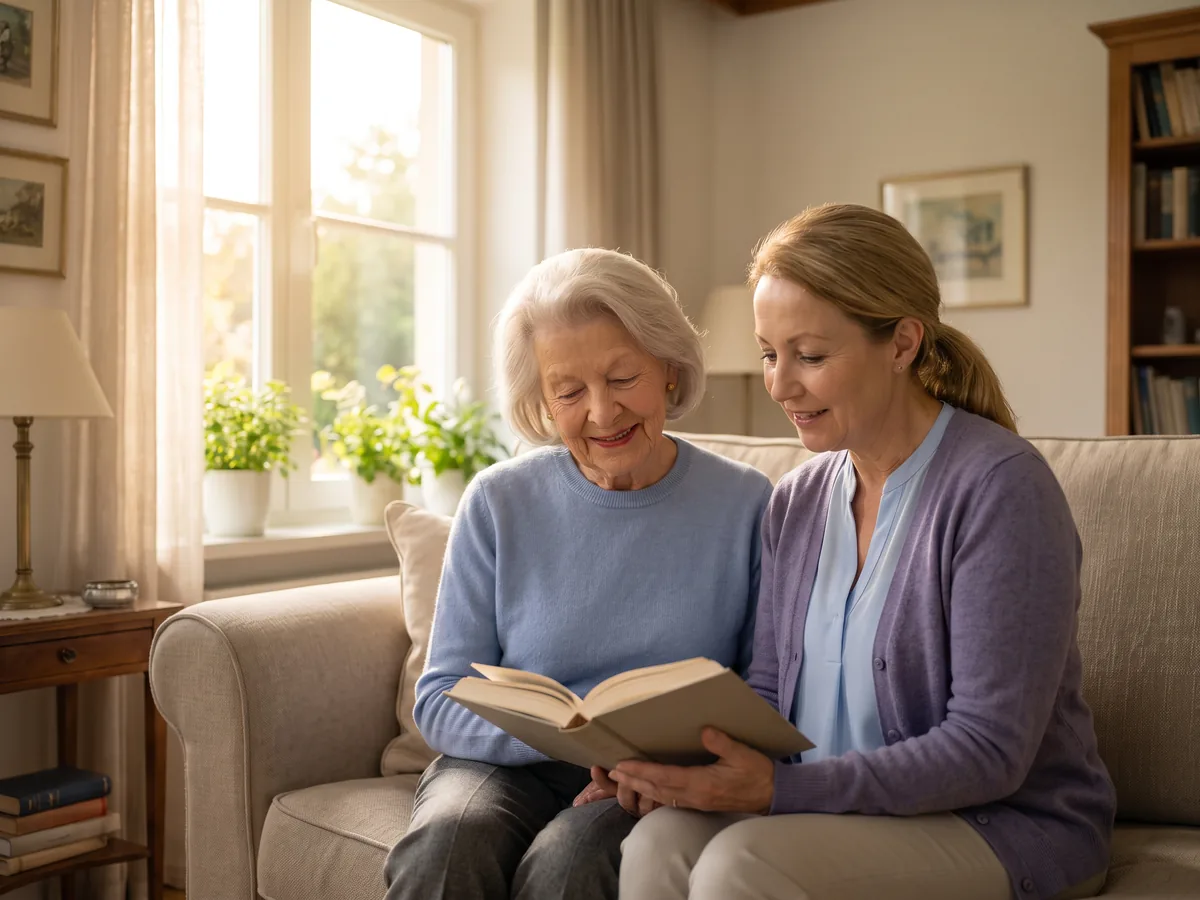 Betreuungskraft und Seniorin lesen gemeinsam